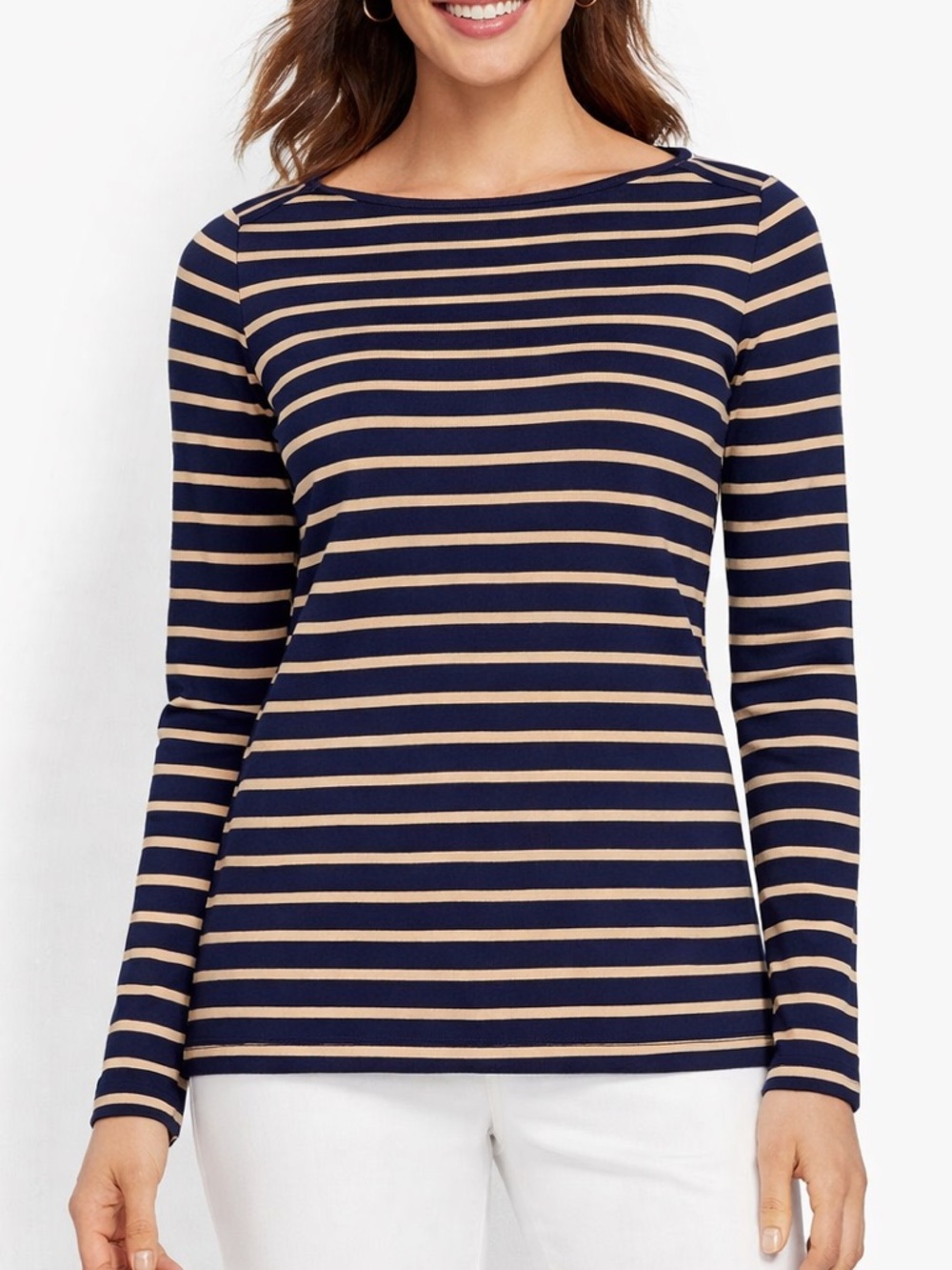 Womens Navy Tan Striped Long Sleeve Top Cotton Breton Nautical Coastal Shirt